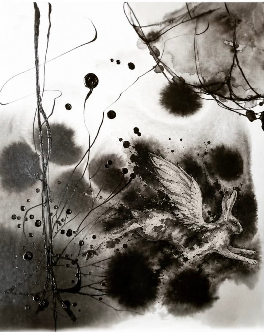 Black-and-white artwork of a winged hare among flowing ink lines and blooms.
